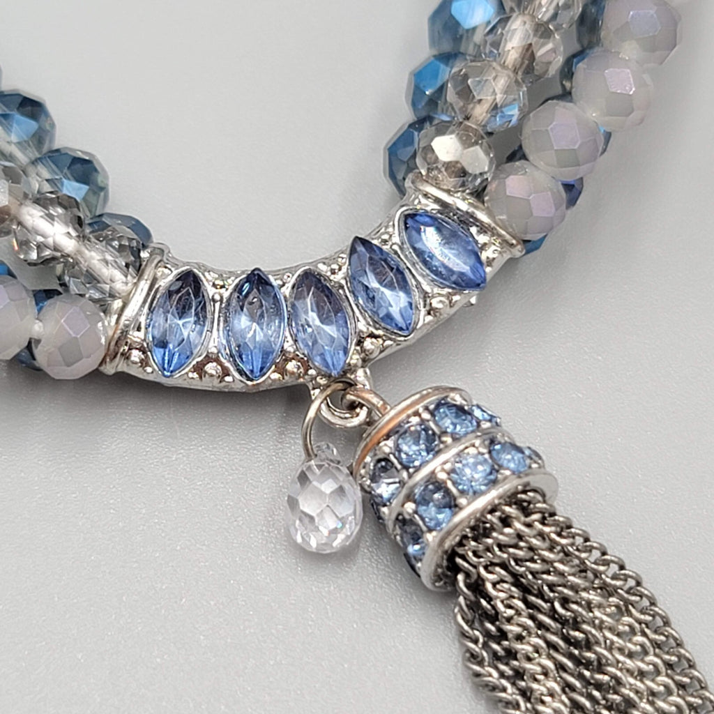 Blue Crystal Rhinestone Bracelet Layered Bead Elastic Silver tone Tassel Chains