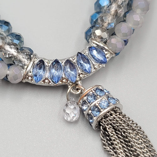 Blue Crystal Rhinestone Bracelet Layered Bead Elastic Silver tone Tassel Chains