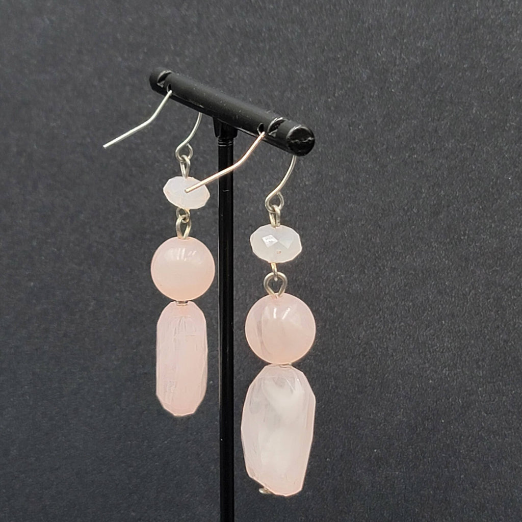 Pierced Earrings Silver tone Acrylic Marbled Pink Beads Dangle 2"