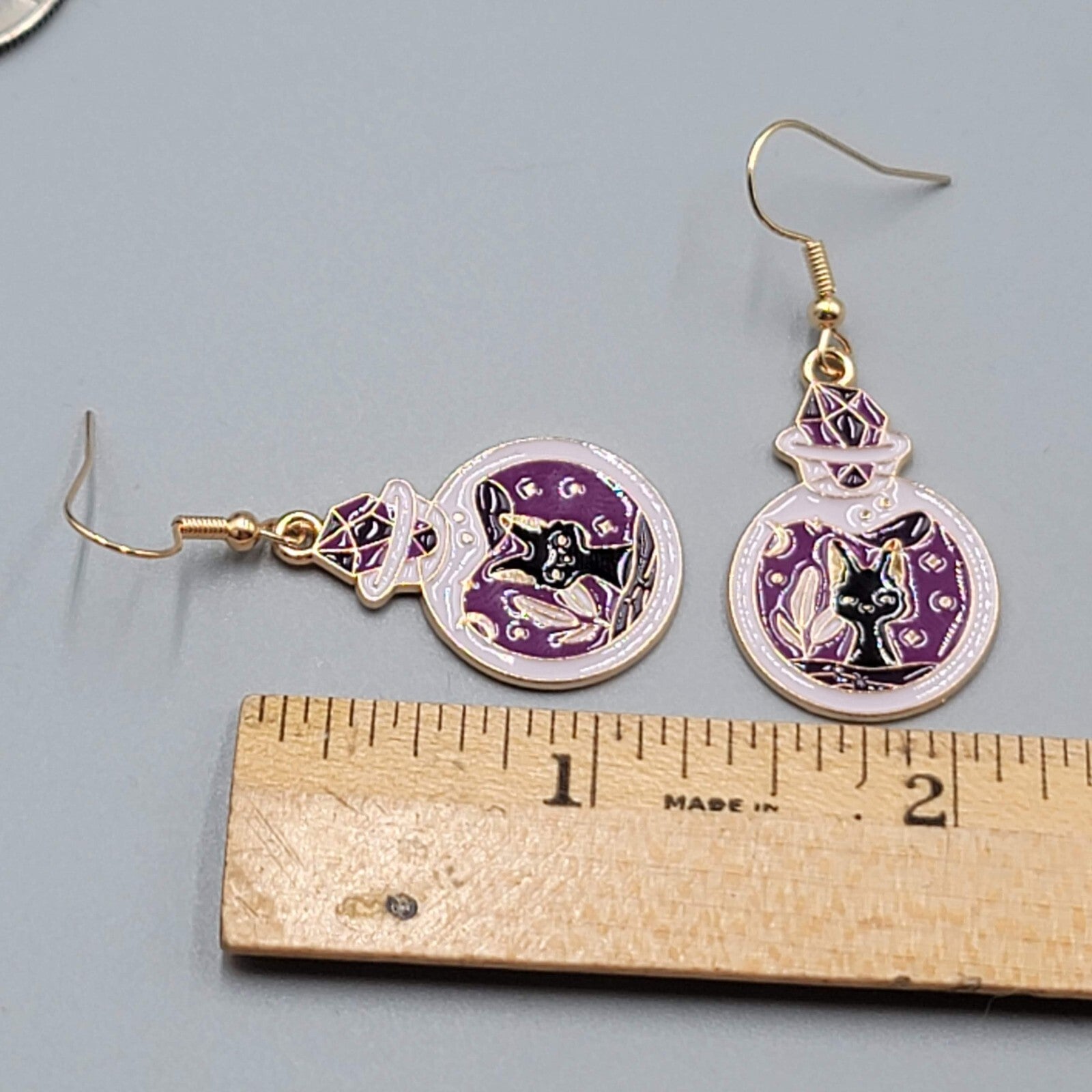 Potion Black Cat Pierced Earrings Enamel Gold tone Dangle New 1 1/8"