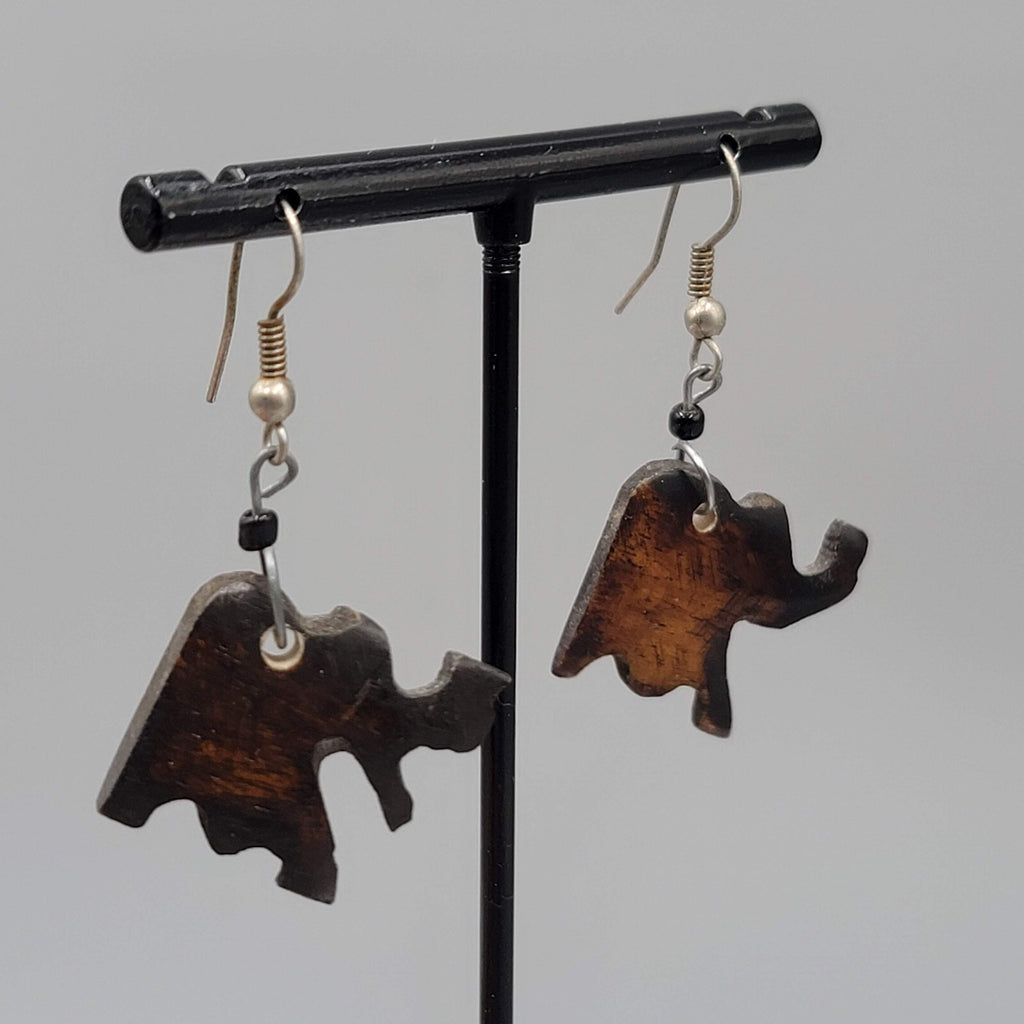 Vintage Elephant Pierced Earrings Hand Carved Wood Dangle Silver tone Hooks 1"