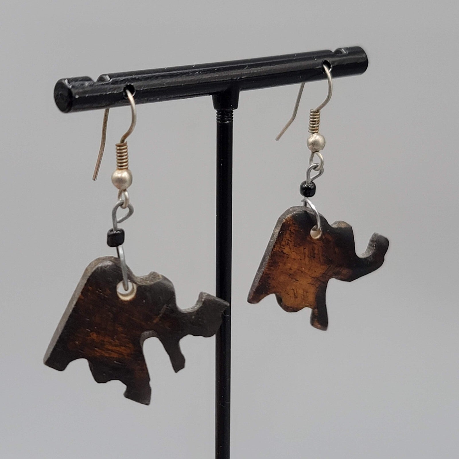 Vintage Elephant Pierced Earrings Hand Carved Wood Dangle Silver tone Hooks 1"