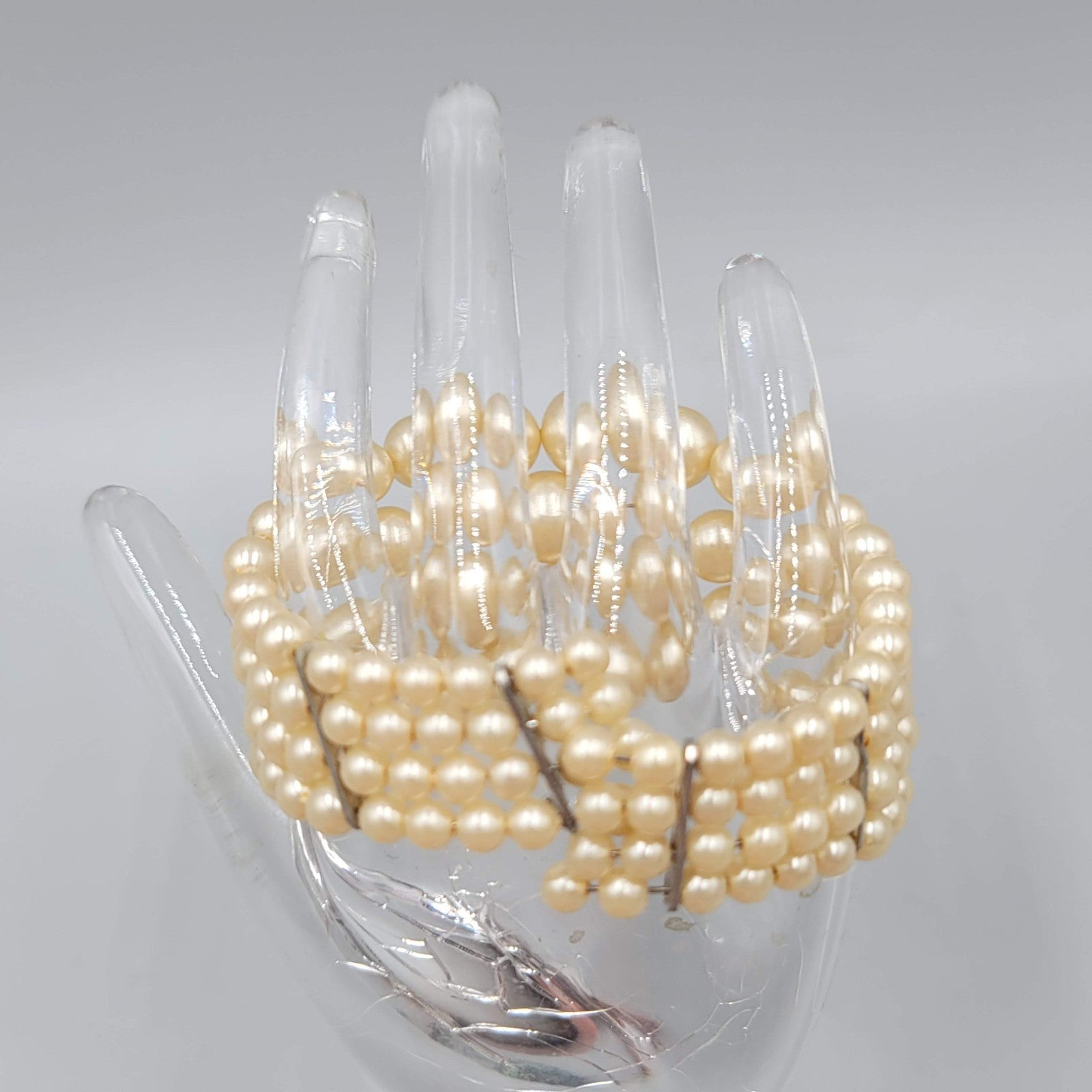Vintage Memory Wire White Bead Bracelet Cuff 6 in