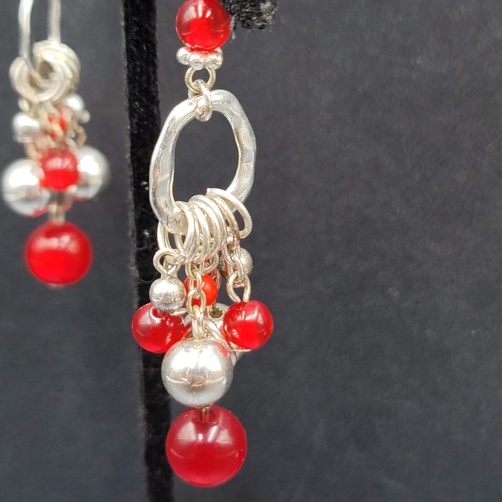 Pierced Earrings Silver tone Moonglow Red Beads Dangle 2.5"