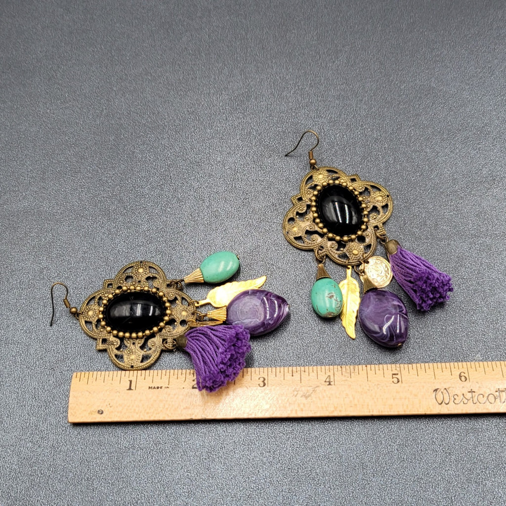 Pierced Earrings Large Statement Bronze tone Purple Tassel Boho Charms 3.5"