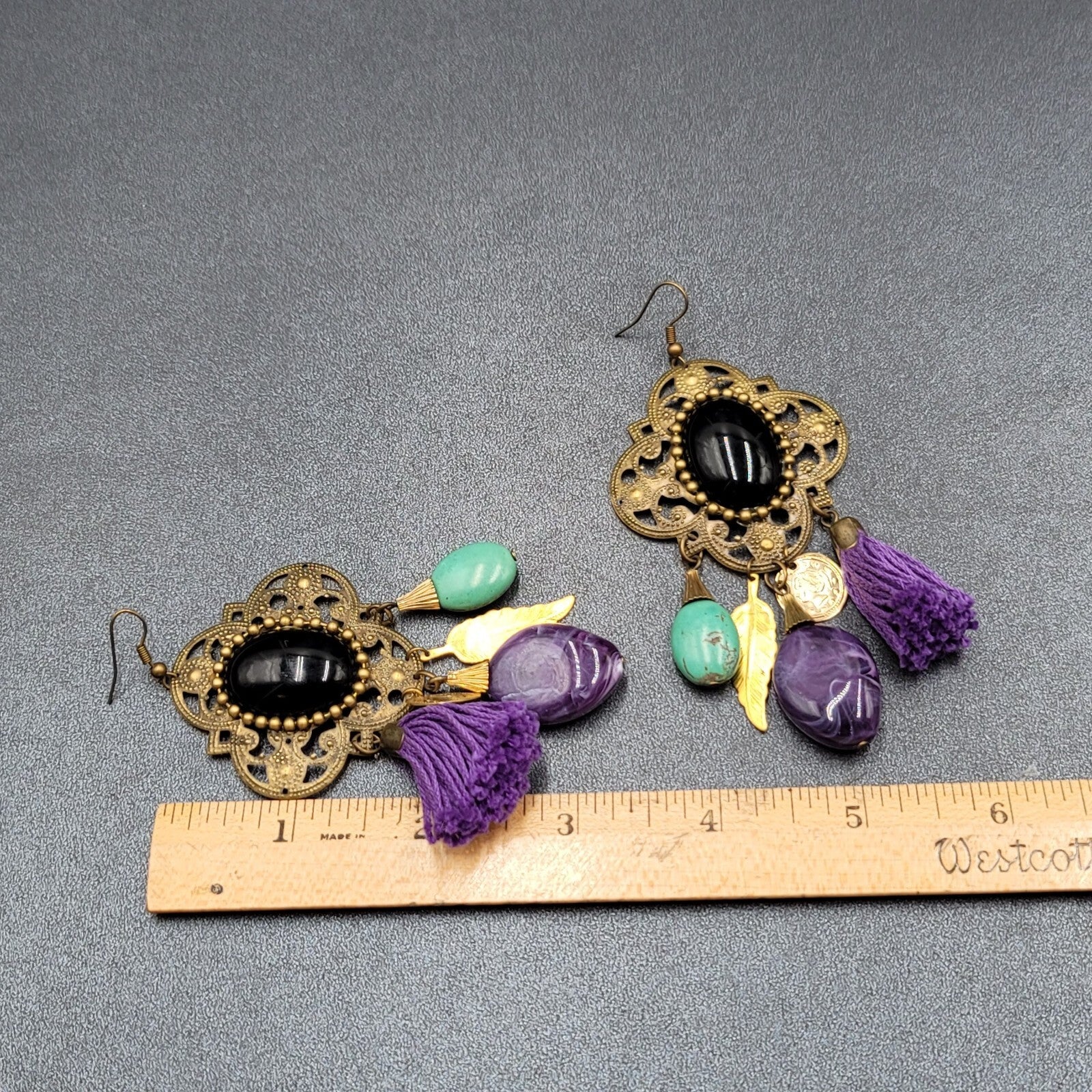 Pierced Earrings Large Statement Bronze tone Purple Tassel Boho Charms 3.5"