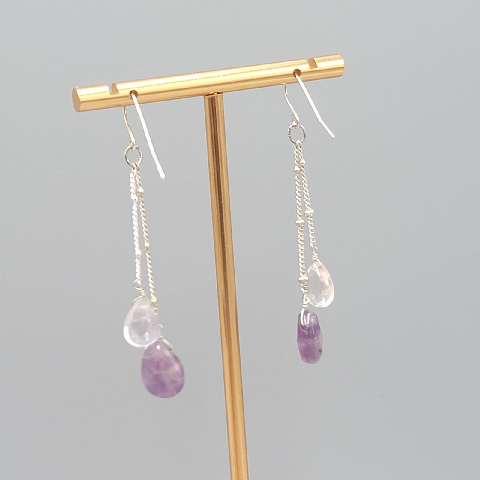 Quartz Amethyst Teardrop Pierced Earrings Silver tone Dangle  2 in