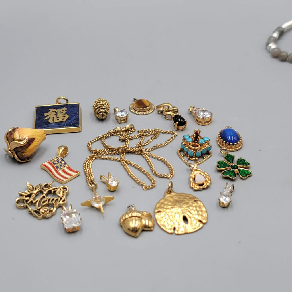 All Gold tone Pendant Lot of 19 Rose Flag Cubic Zirconia & More