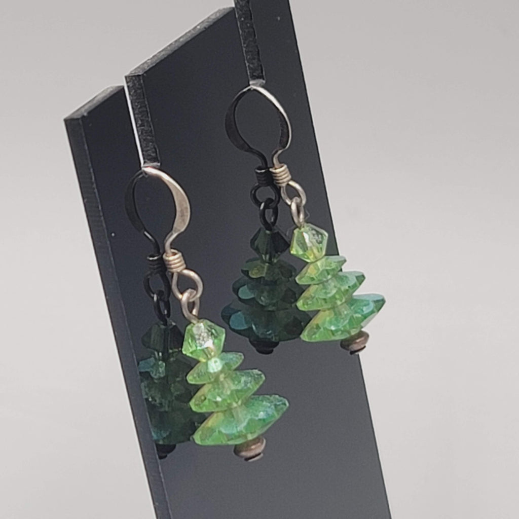 Bead Evergreen Tree Pierced Earrings Crystal Silver tone Dangle 3/4"