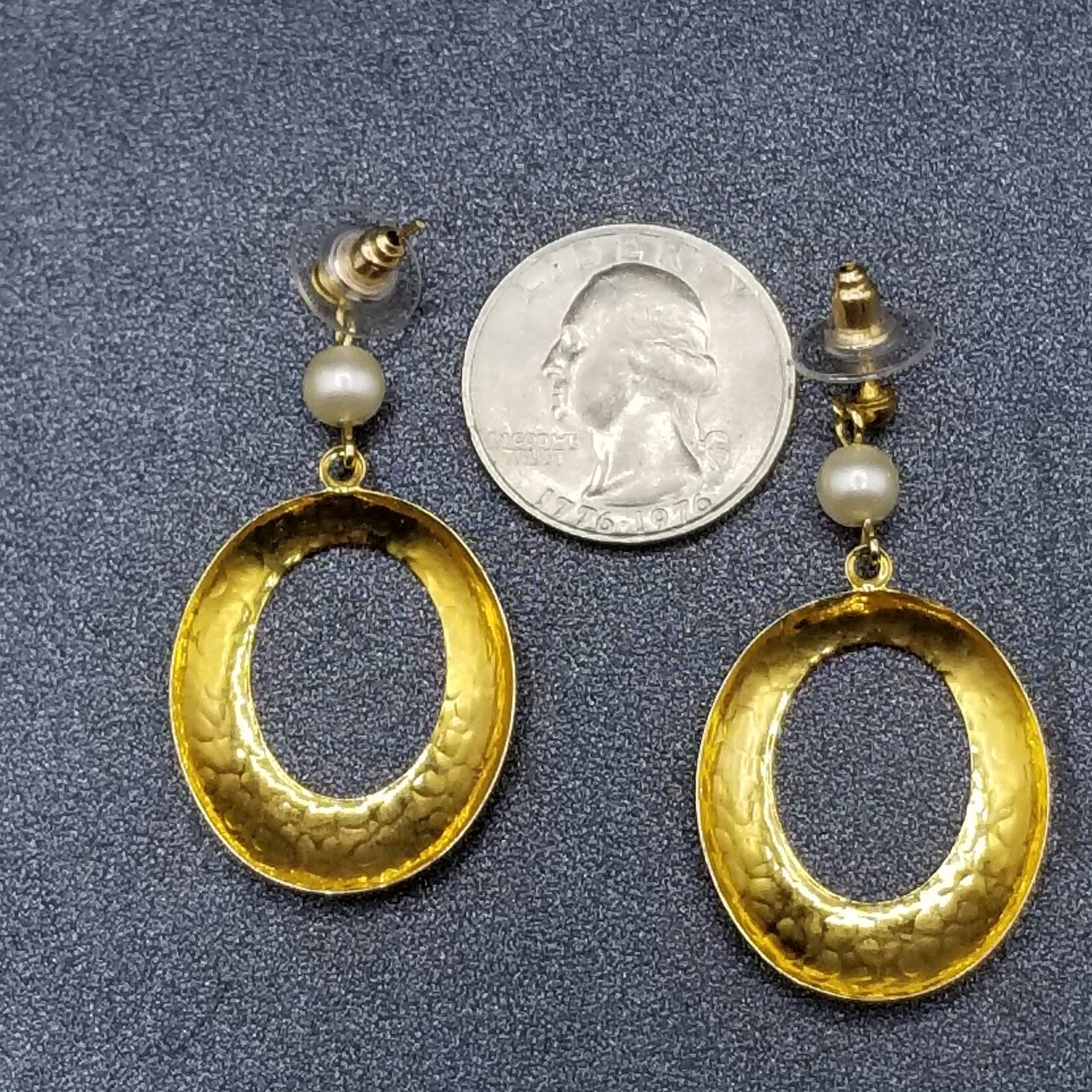 Pierced Earrings Gold tone Faux Pearl Hammered Oval Dangle 1 7/8"