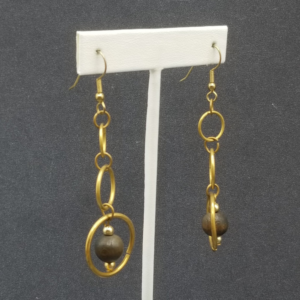 Pierced Earrings Antiqued Gold tone Graduated Chain Wood Bead Dangle 2 1/8"
