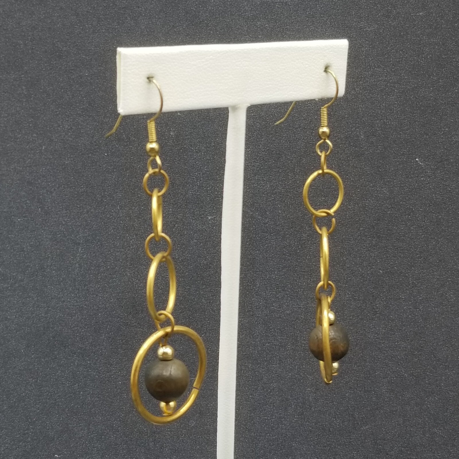 Pierced Earrings Antiqued Gold tone Graduated Chain Wood Bead Dangle 2 1/8"