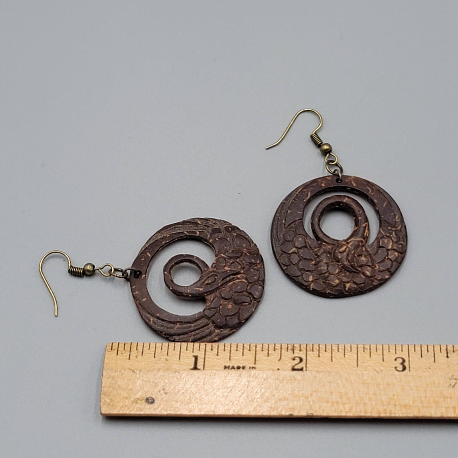 Vintage Coconut Pierced Earrings Hand Carved Bird Dangle 1.5"