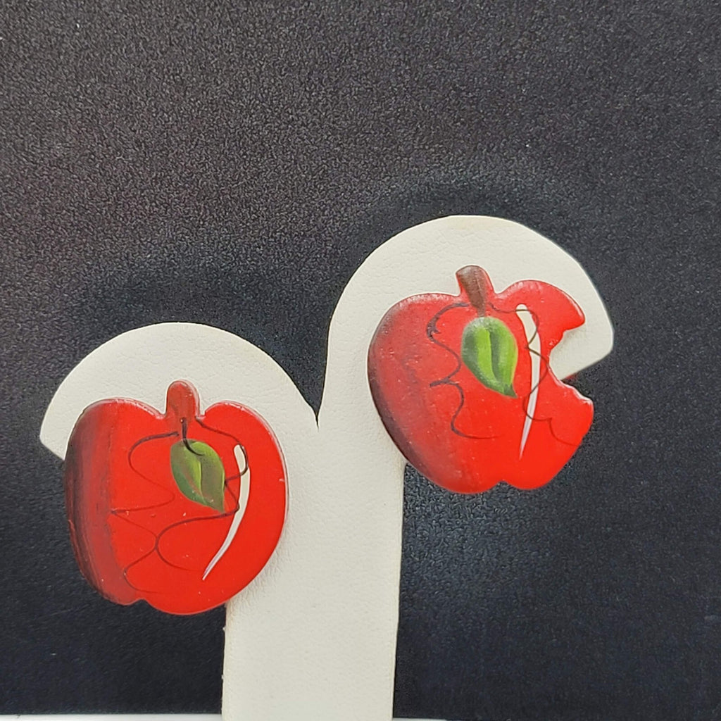 Vintage Brooch Pierced Earrings Set Wood Hand Painted Apple Teacher Gift