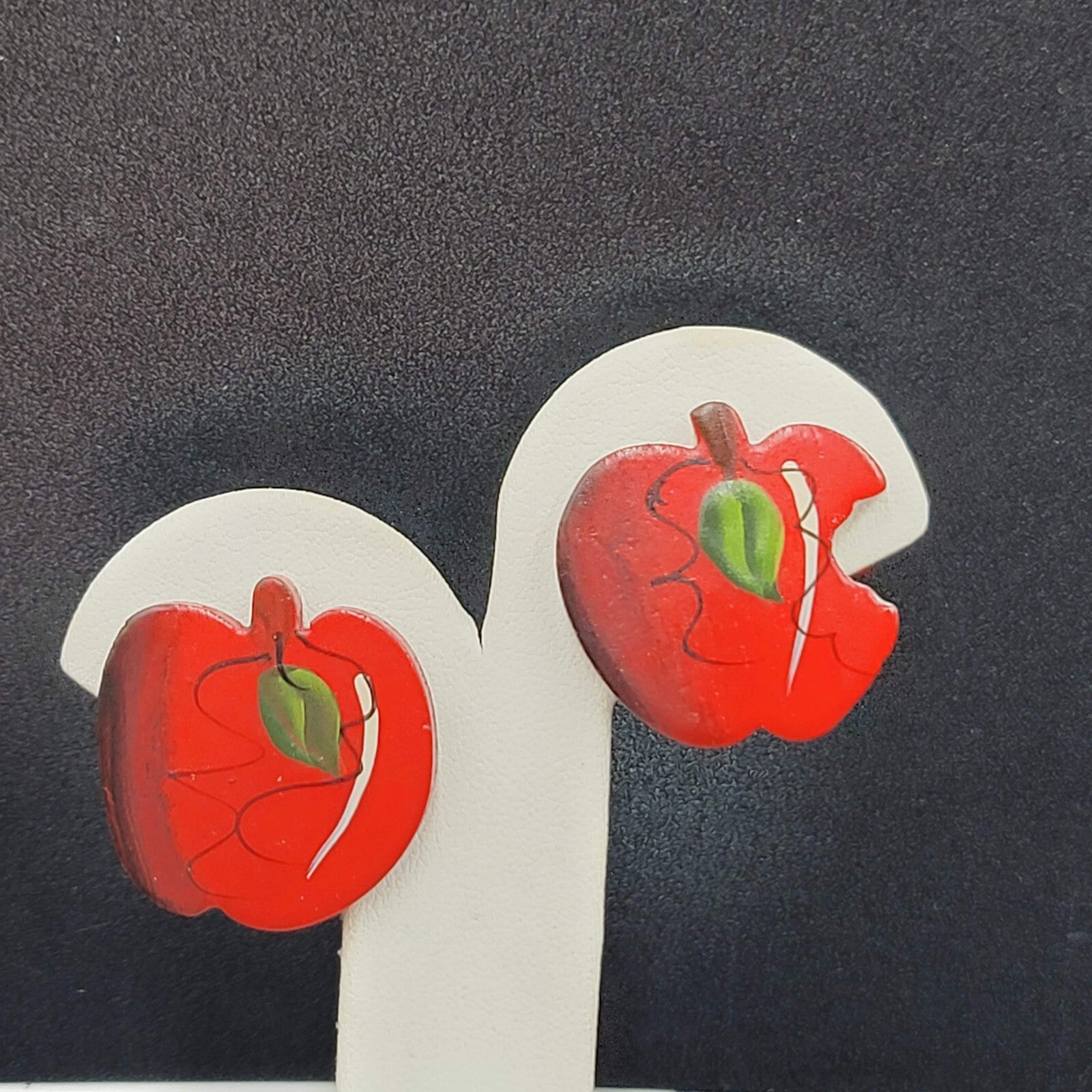 Vintage Brooch Pierced Earrings Set Wood Hand Painted Apple Teacher Gift