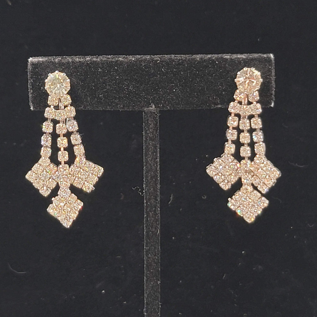 Vintage Rhinestone Clip on Earrings Dangle Silver tone 1.5" Length