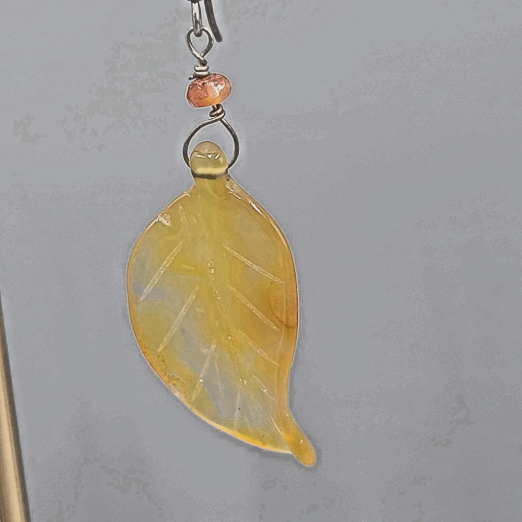 Sterling Silver Carved Agate Leaf Pierced Earrings Dangle 1.75"