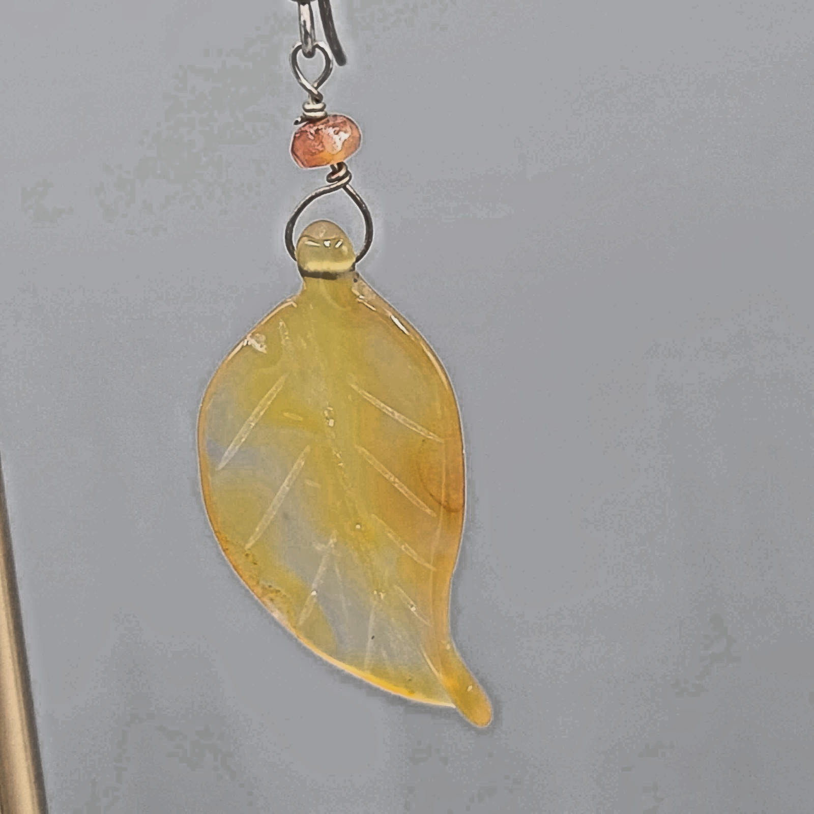 Sterling Silver Carved Agate Leaf Pierced Earrings Dangle 1.75"