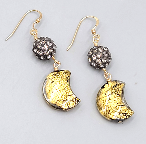 Dichroic Glass Moon Pierced Earrings Gold tone Rhinestone Dangle 1.5"