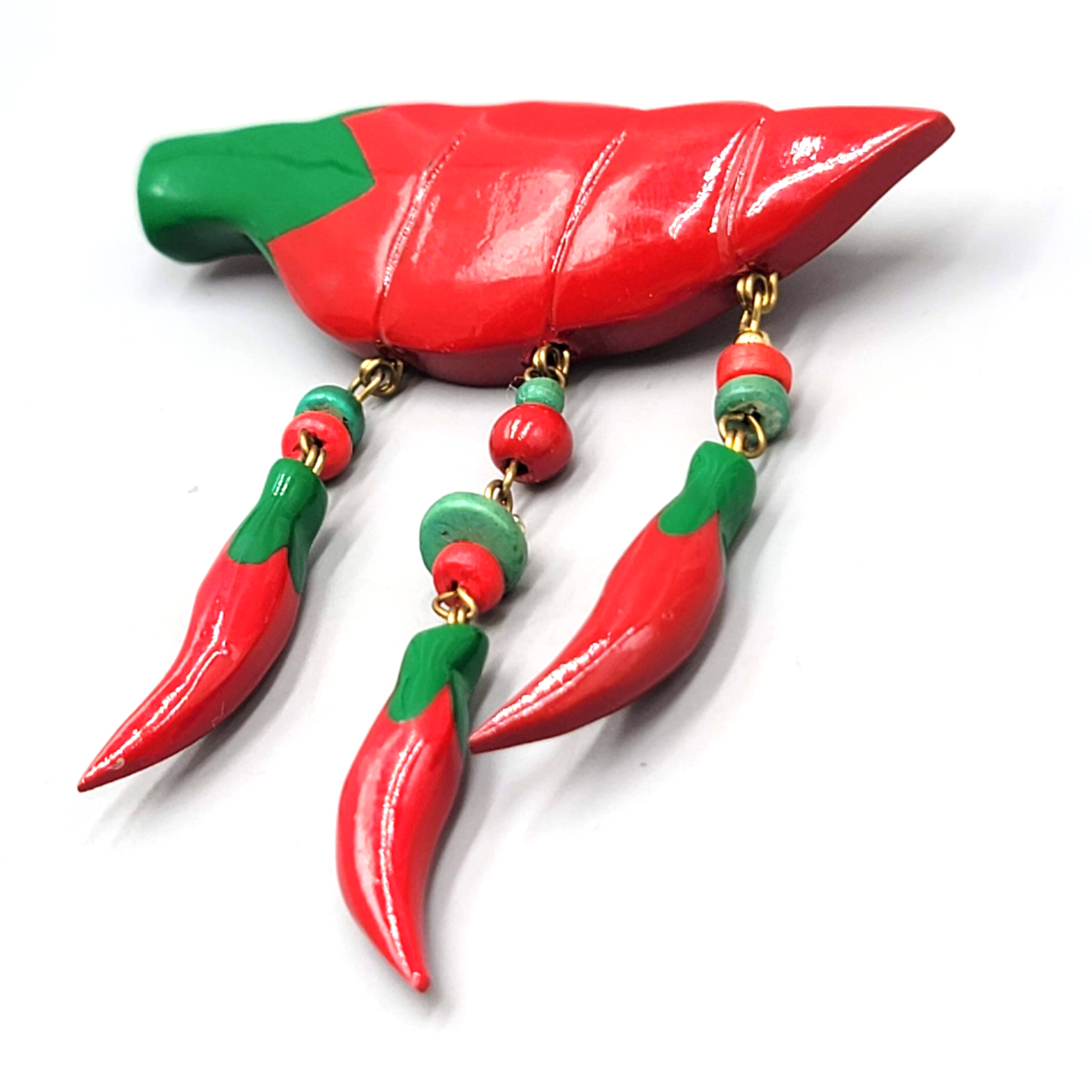 Vintage Red Chili Pepper Brooch Hand Painted Wood Statement 3"