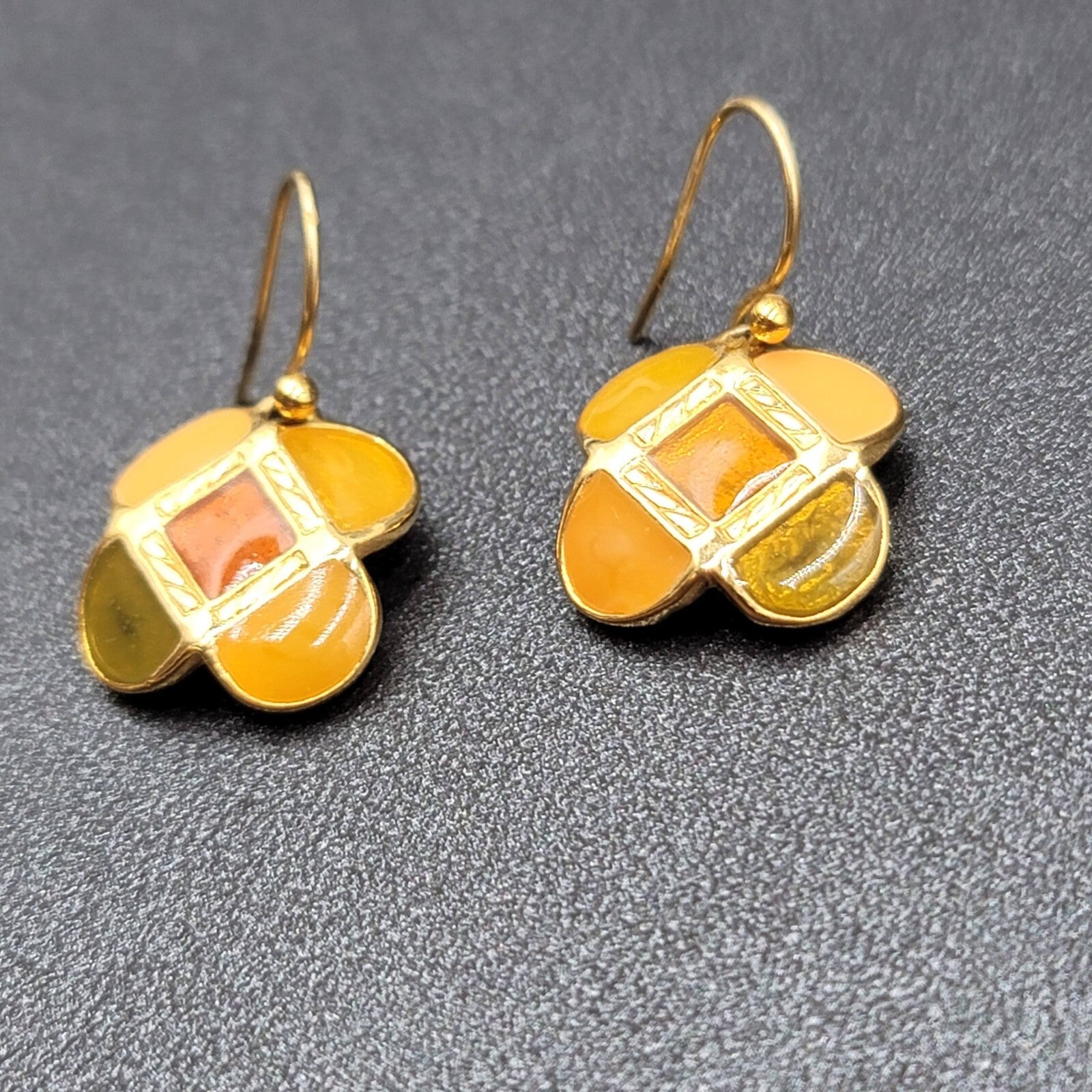 Ann Klein Pierced Earrings Gold Plated Orange Green Enamel Dangle 5/8"