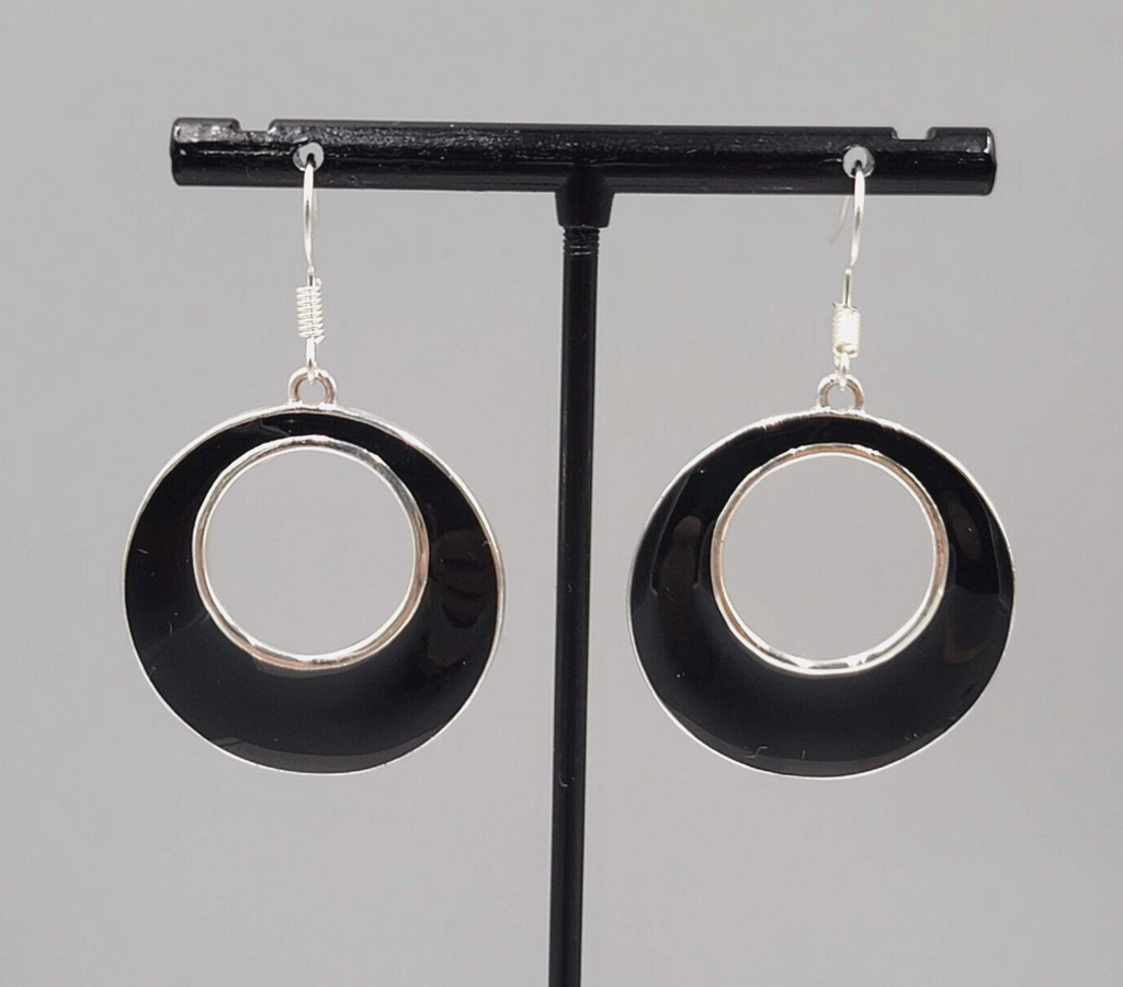 Open Circle Pierced Earrings Silver tone Black Enamel Dangle 1.25"