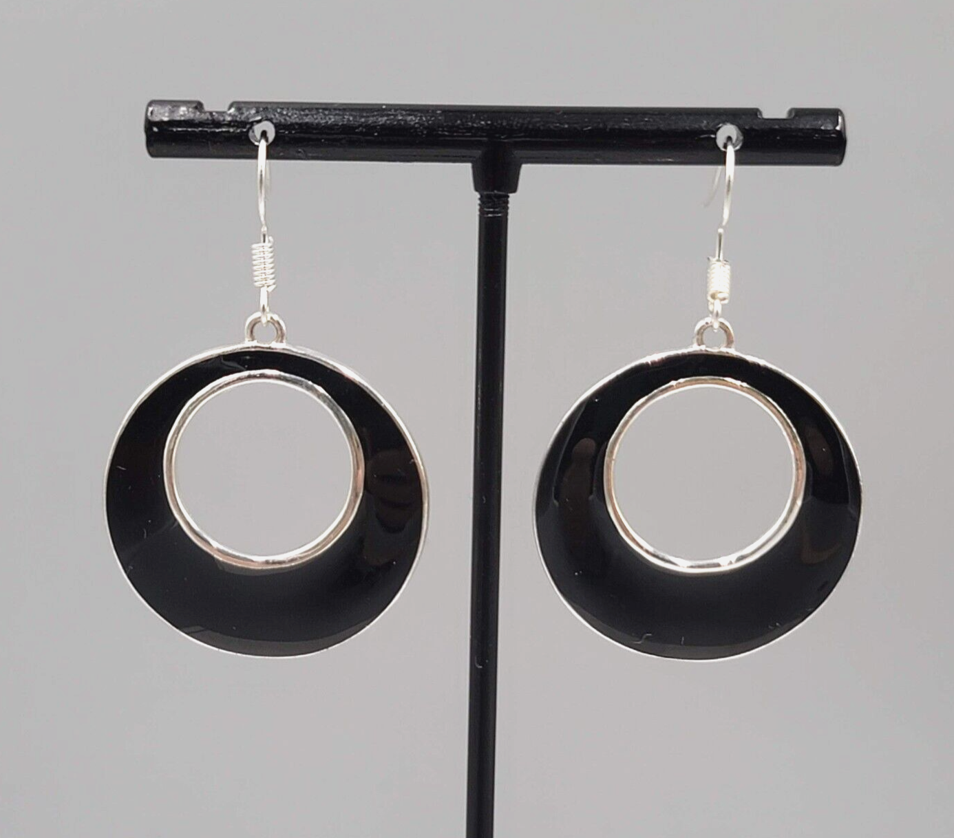 Open Circle Pierced Earrings Silver tone Black Enamel Dangle 1.25"