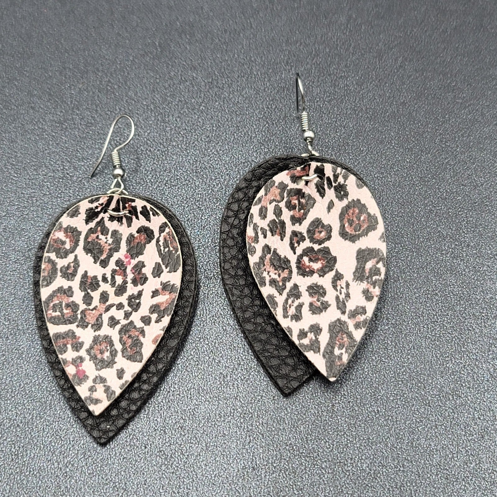 Pierced Earrings Faux Leather Leopard Print Layered Dangle 2.25"