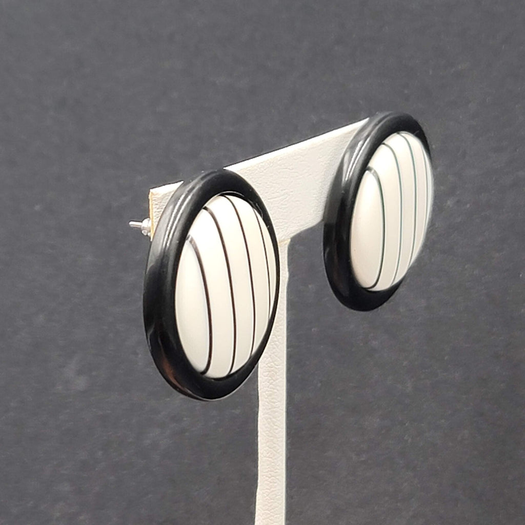 Vintage Pierced Earrings Black White Striped Round Drop 1.25"