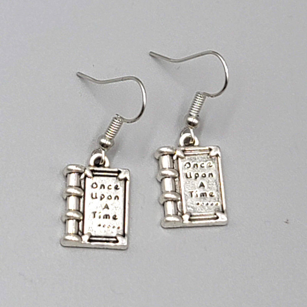 Book Pierced Earrings Once Upon a Time Silver tone Dangle NEW 5/8"