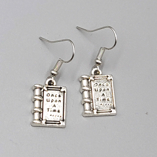 Book Pierced Earrings Once Upon a Time Silver tone Dangle NEW 5/8"