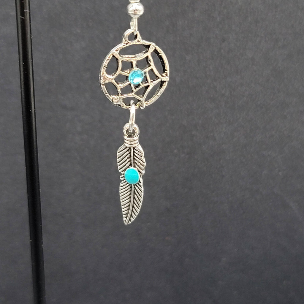 Dreamcatcher Pierced Earrings Silver tone Blue Rhinestone Enamel Feather  1 5/8"