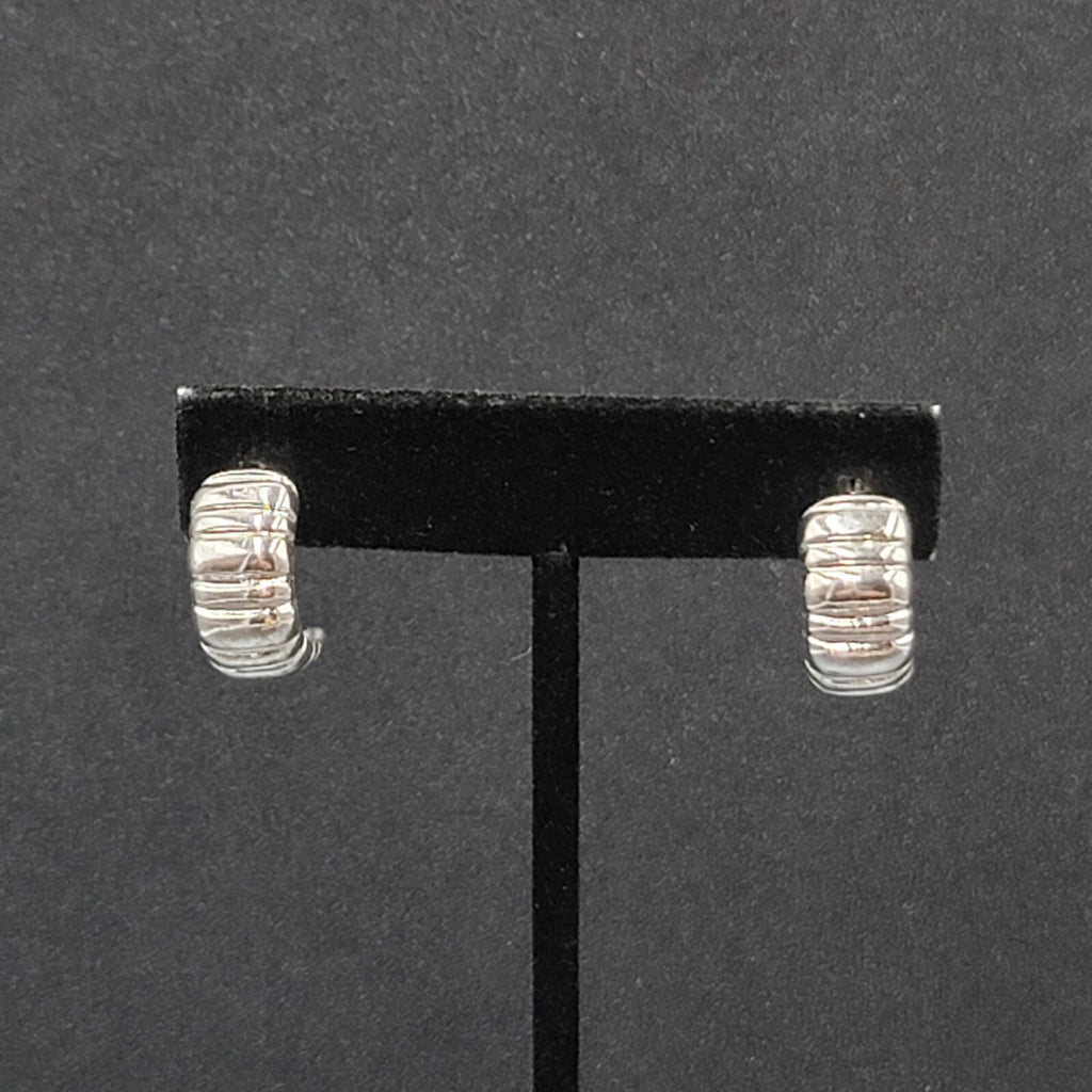 Pierced Earrings Silver Plated Ribbed Half Hoops Drop 3/4"