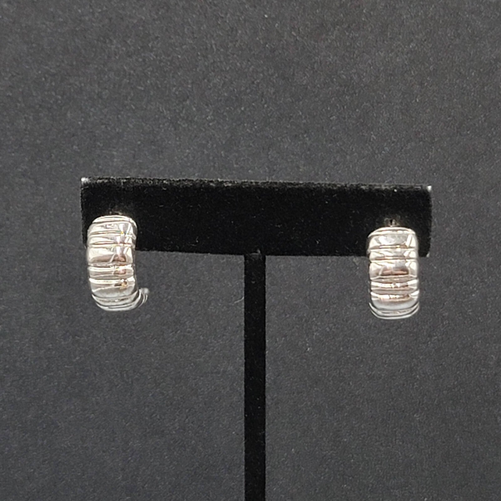 Pierced Earrings Silver Plated Ribbed Half Hoops Drop 3/4"