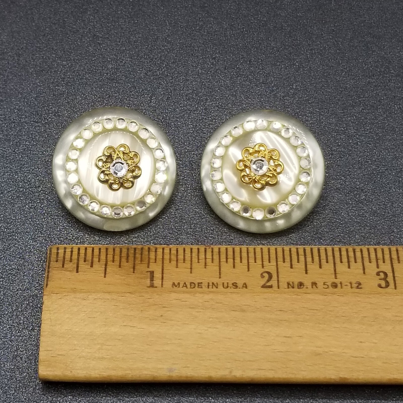 Clip on Earrings Gold tone Crystal Dome Acrylic Button Style Drop Stud 1 3/8" B