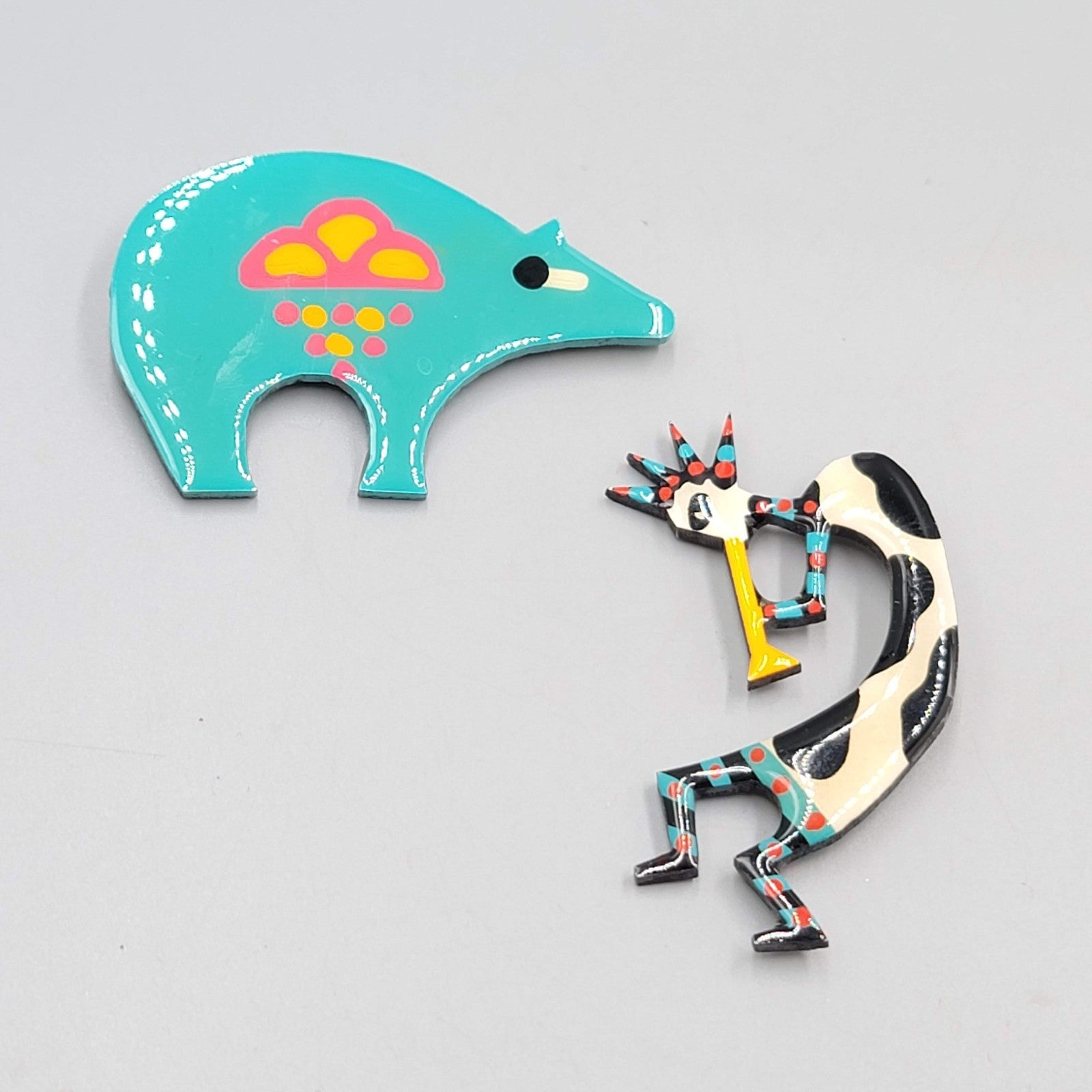 Vintage Southwest Brooch Pin Hand Painted Bear Kokopelli New Mexico Lot of 2