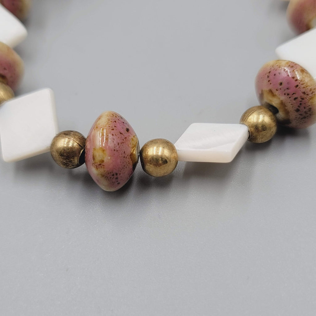 Beaded Bracelet Pottery and Mother of Pearl Beads Gold tone Toggle 6.75 in