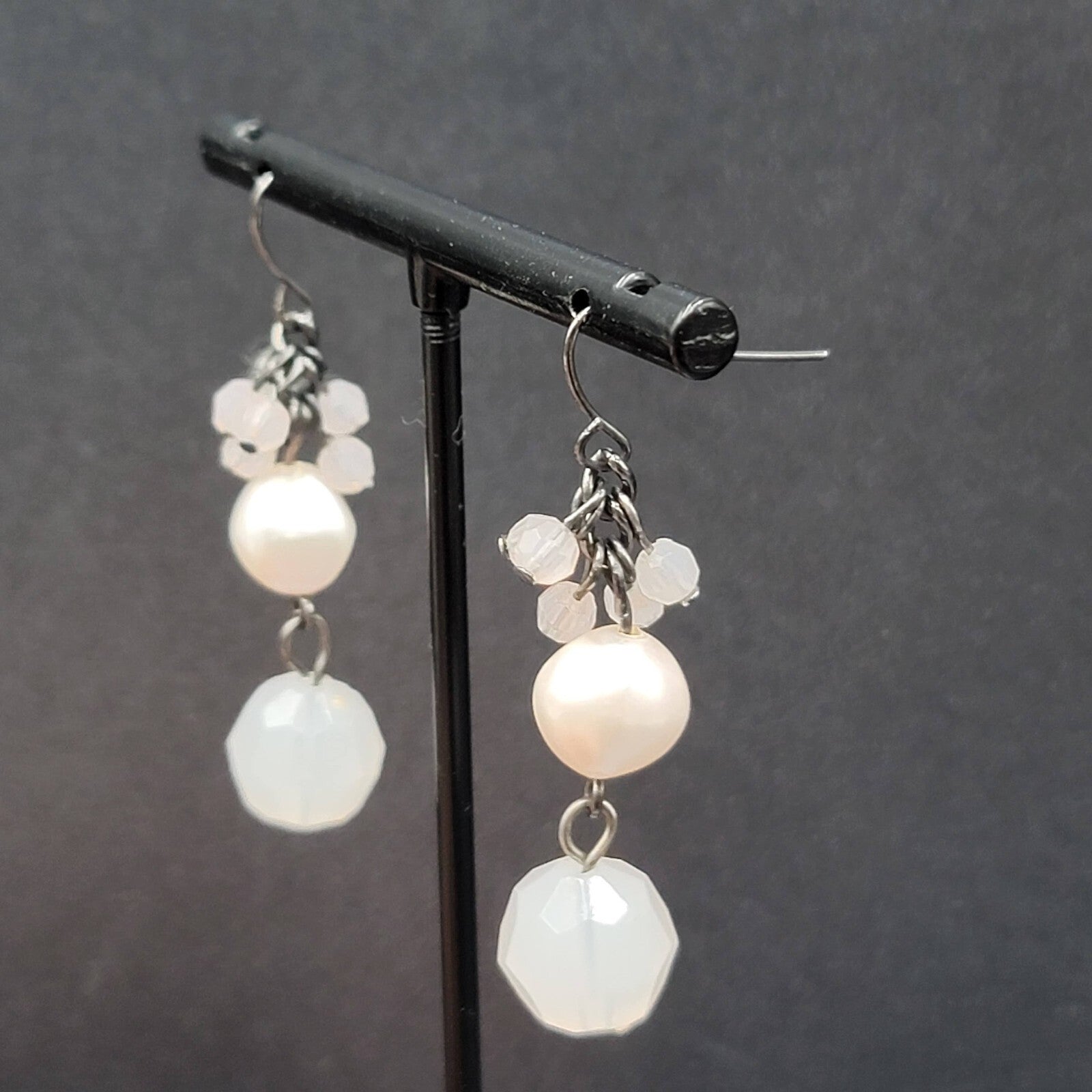 Pierced Earrings Black Metal Pale Pink Beads Dangle 1.5"