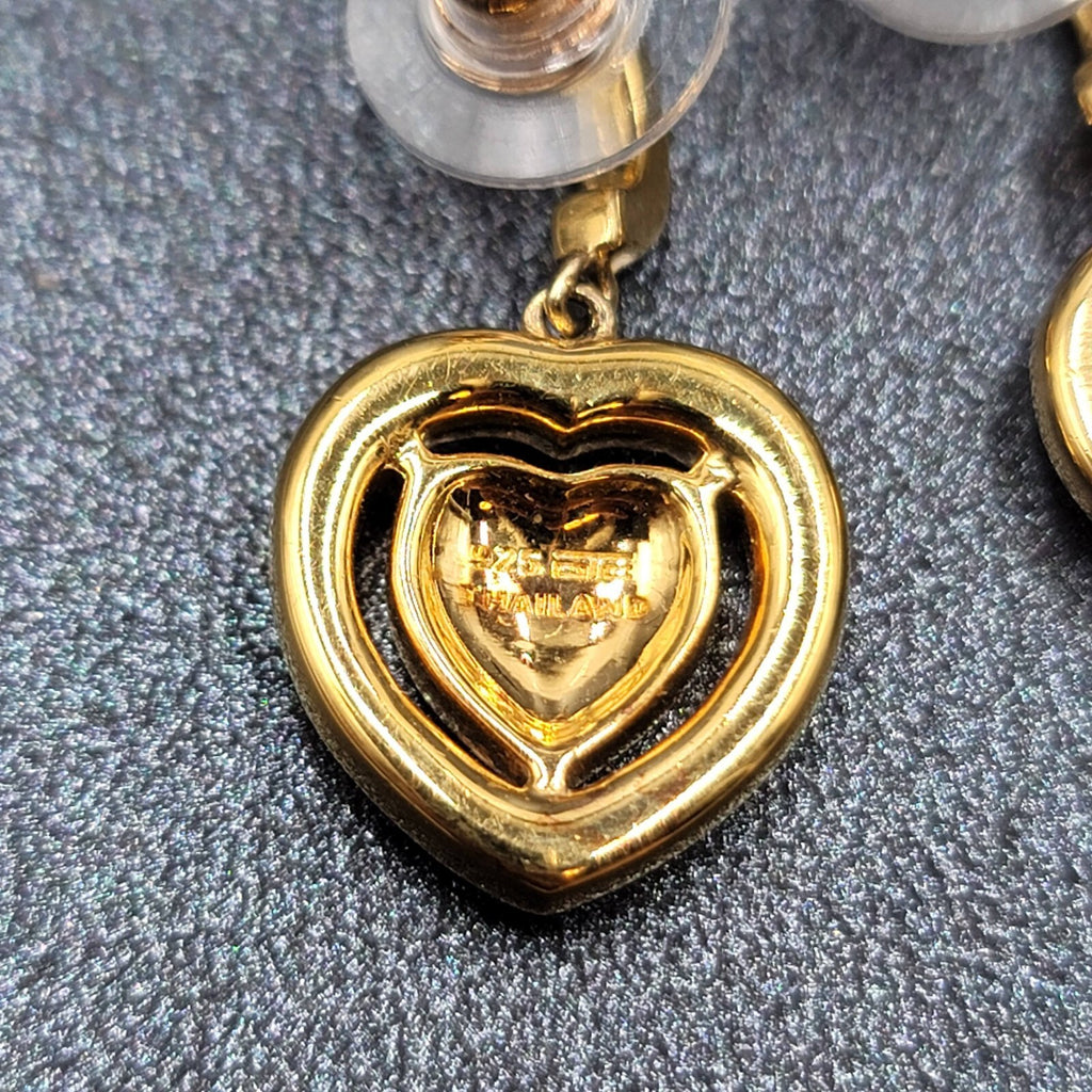 Sterling Silver Pierced Earrings Gold Plated Crystal Heart Dangle 1" 925