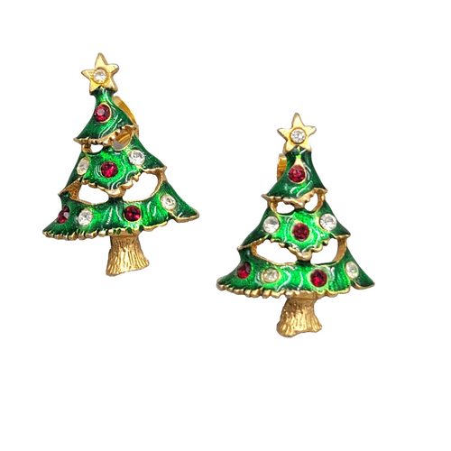 Christmas Tree Pierced Earrings Gold tone Enamel Rhinestone 1 1/8"