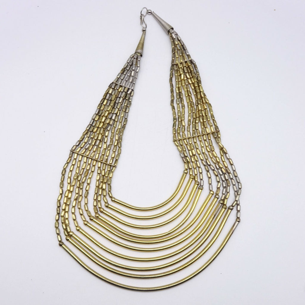 Large Multi Strand Statemet Necklace 18" Two-toned Gold & Silver Metal Beads