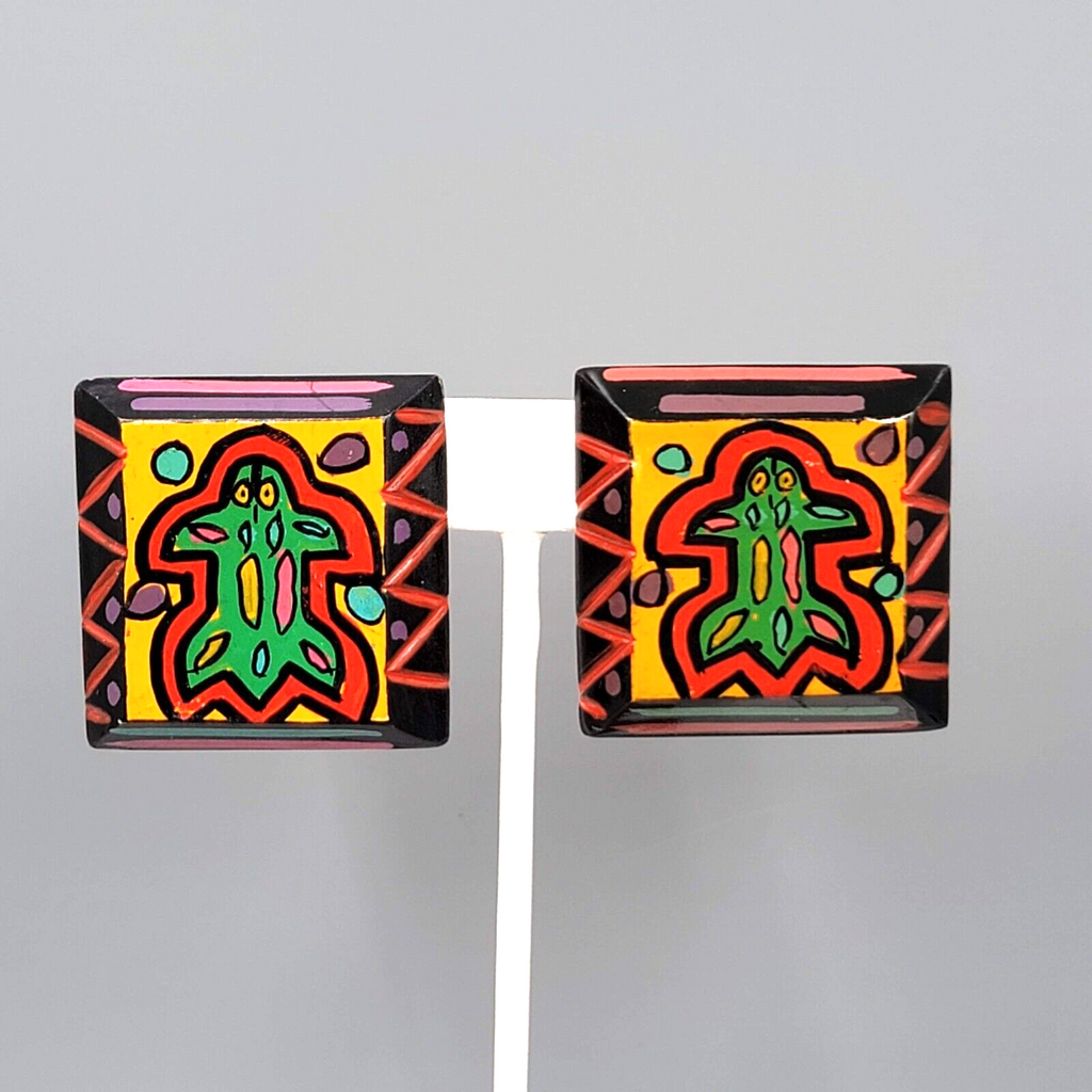 Vintage Wood Square Pierced Earrings Hand Painted Made in India 1.5"