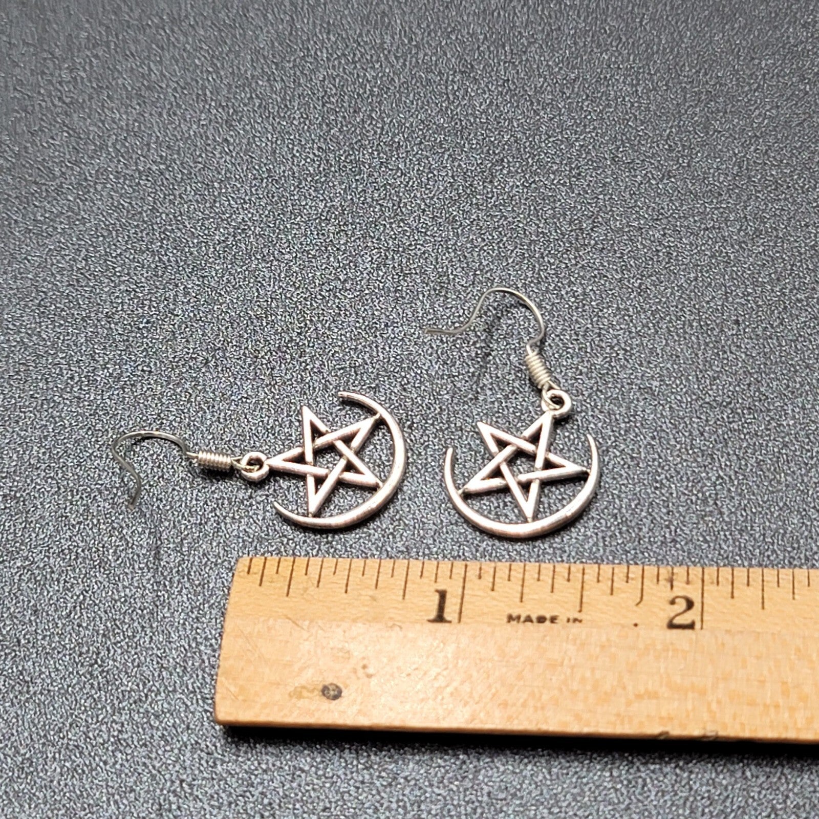 Pentagram Pierced Earrings Half Moon Star Silver tone Dangle 3/4"
