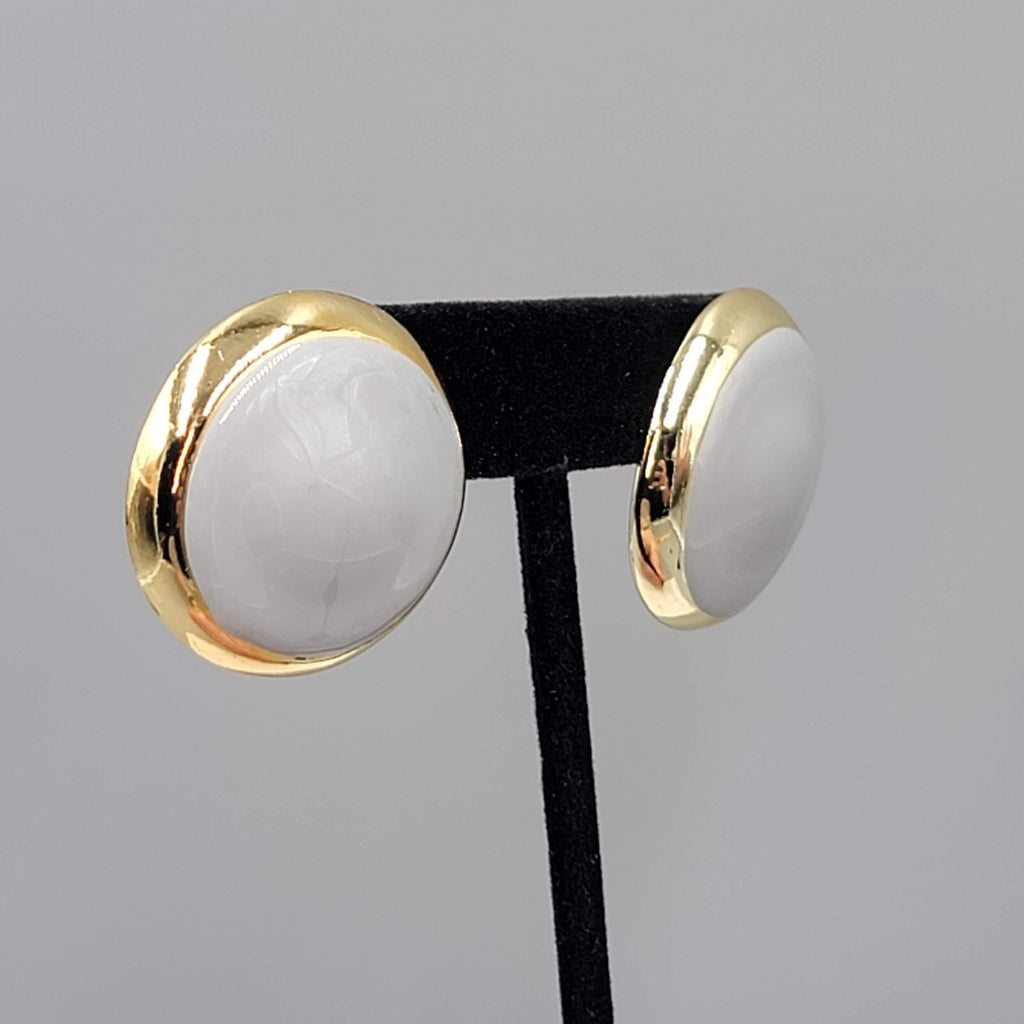 Vintage Pierced Earrings Gold tone Gray Enamel Round Statement Drop 1 1/8"