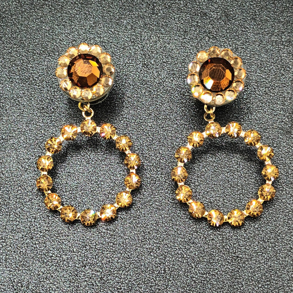 Pierced Earrings Gold tone Brown Faceted Crystal Open Round Dangle 1 7/8"