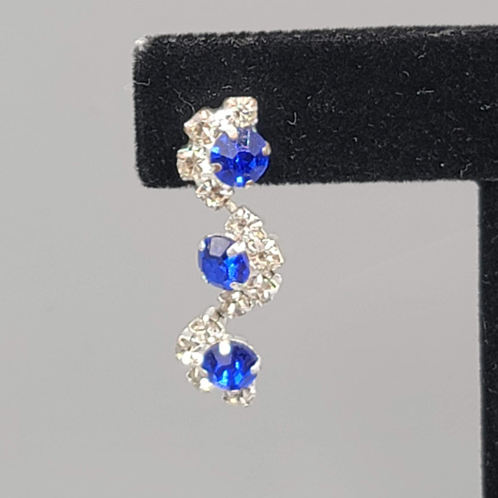 Blue Rhinestone Dangle Pierced Earrings Silver tone 1 1/8"