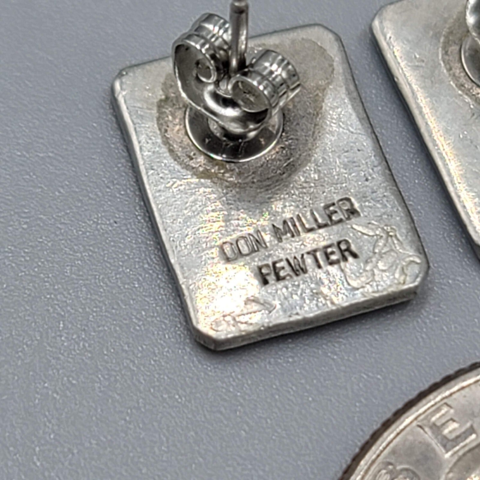 Vintage Don Miller Pierced Earrings Brass Pewter Star Rectangle Studs 1/2"