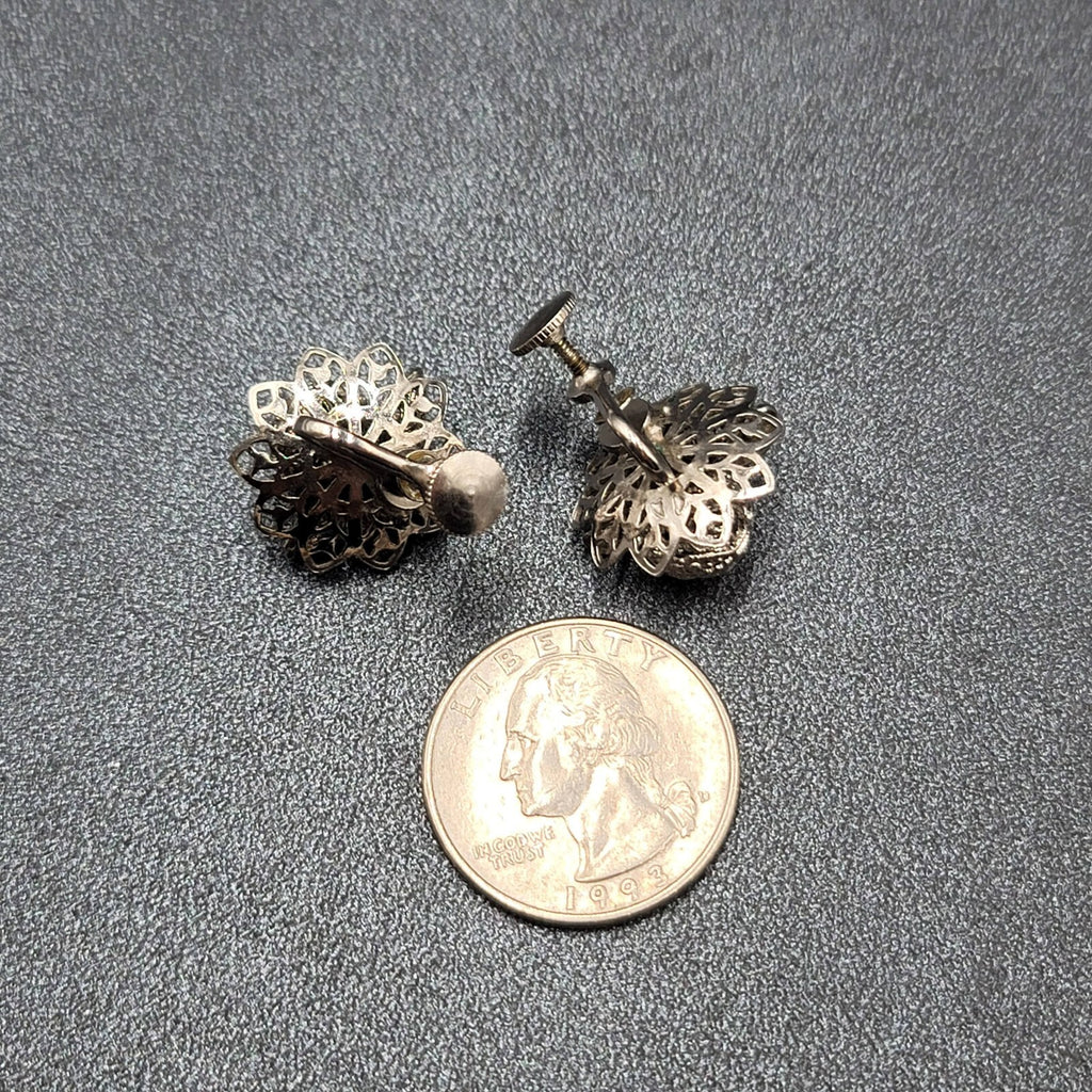 Vintage Clip on Earrings Silver tone Filigree Flower Studs 3/4"