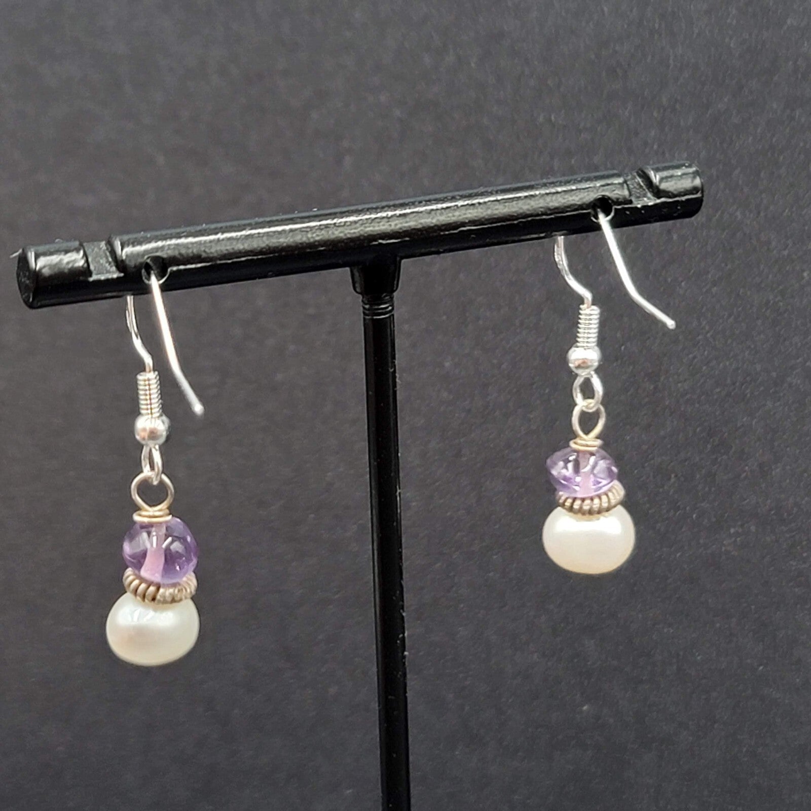 Sterling Silver Pierced Earrings Pearl Amethyst Bead Dangle 5/8"