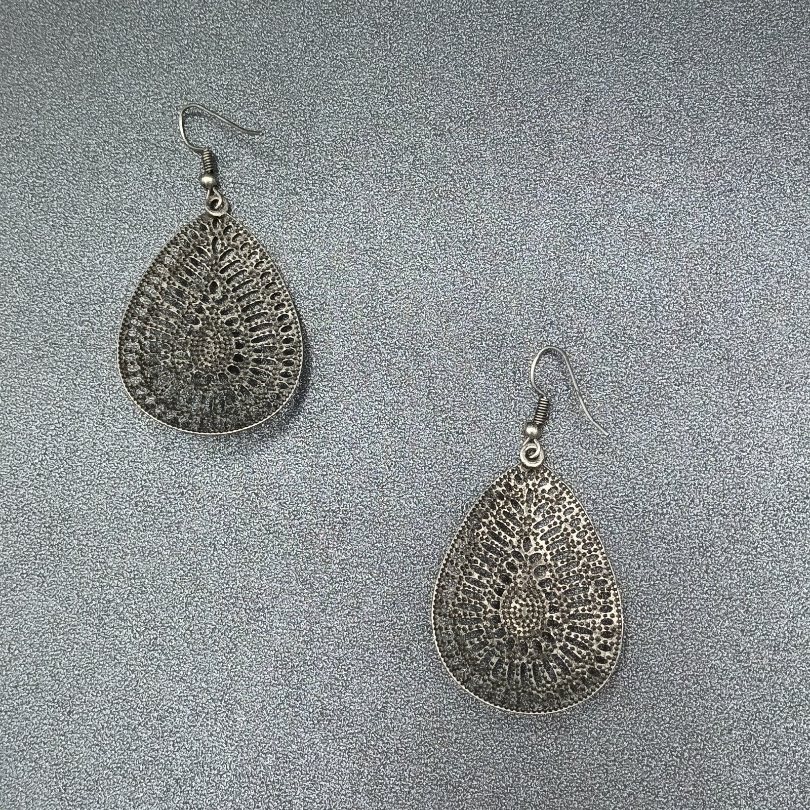 Pierced Earrings Antiqued Silver tone Teardrop Dangle 1 5/8"